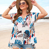 Camisa De a Grande Con Estampado De Plantas Tropicales Para Mujeres Con Dobladillo Alto-bajo Para Vacaciones, Camisa Abotonada De Verano Para Mujeres