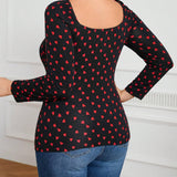 Frenchy Plus Size Saint Valentin Women's Ruffle Hem Heart Printed Long Sleeve T-Shirt
