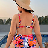 Swim Curve Traje De Bano De Dos Piezas Con Estampado Geometrico Para Mujeres De Talla Grande