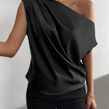 Blusa unicolor de cuello asimetrico fruncido de Satin