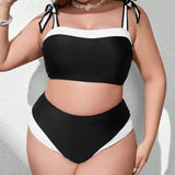 Swim Chicsea Conjunto De Top De Hombro Anudado Con Panel De Bloque De Color De Talla Grande Y Parte Inferior De Bikini De Triangulo De Cintura Alta