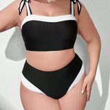 Swim Chicsea Conjunto De Top De Hombro Anudado Con Panel De Bloque De Color De Talla Grande Y Parte Inferior De Bikini De Triangulo De Cintura Alta