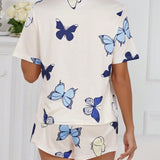 Conjunto de pijama casual de verano con estampado de mariposas, con camiConjuntoa de manga corta y pantalon corto