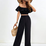 Tall Conjunto Casual De Dos Piezas Con Pantalon Y Top Con Dobladillo Con Volantes Y Hombros Descubiertos Lisos