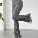 Coolane Pantalones Acampanados De Punto De Talle Alto Para Mujer, Elegante, Solidos Y De Color Puro De Tela Texturizada Con Cordon Lateral