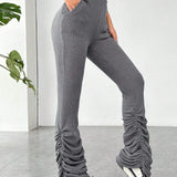 Coolane Pantalones Acampanados De Punto De Talle Alto Para Mujer, Elegante, Solidos Y De Color Puro De Tela Texturizada Con Cordon Lateral