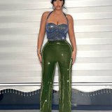 SXY Pantalones De Fiesta Sexys De Color Verde Metalico Para Mujer