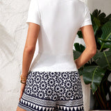 VCAY Conjunto De Top De Color Solido Y Shorts Con Estampado Geometrico Para Mujeres