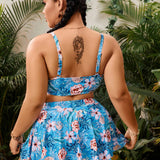 Swim Vcay Traje De Bano De Tres Piezas Con Estampado De Plantas Para Mujeres De Talla Grande