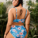 Swim Vcay Traje De Bano De Tres Piezas Con Estampado De Plantas Para Mujeres De Talla Grande