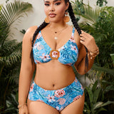 Swim Vcay Traje De Bano De Tres Piezas Con Estampado De Plantas Para Mujeres De Talla Grande