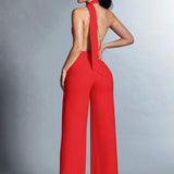 BAE Backless Halter Jumpsuit With Chain Decoration And Rhinestone Detailing