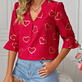 Clasi Blusa De Manga Corta Con Escote En V Y Estampado De Corazones Para Mujer