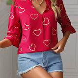 Clasi Blusa De Manga Corta Con Escote En V Y Estampado De Corazones Para Mujer