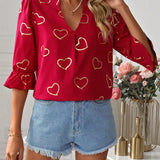 Clasi Blusa De Manga Corta Con Escote En V Y Estampado De Corazones Para Mujer