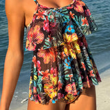 Swim Lushore Conjunto de traje de bano de verano con patron tropical de doble capa con top cami y Bottom de tankini triangular para playa