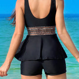 Swim Lushore Conjunto de tankini de remiendo de leopardo para mujeres, ideal para festivales de musica