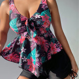 Swim Lushore Conjunto De Traje De Bano Tankini Con Estampado Tropical Aleatorio De Chaleco Y Pantalones Cortos Con Cordon Lateral Para Carnaval.