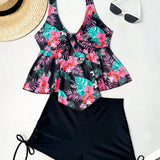 Swim Lushore Conjunto De Traje De Bano Tankini Con Estampado Tropical Aleatorio De Chaleco Y Pantalones Cortos Con Cordon Lateral Para Carnaval.