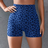 Yoga Trendy Pantalones cortos deportivos sin costuras de leopardo con cintura alta para mujeres, color azul