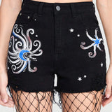 ROMWE Goth Pantalones Cortos De Mezclilla Para Mujer Con Dobladillo Deshilachado Y Estampado Abstracto