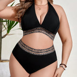 Swim Curve Conjunto De Traje De Bano Con Parches De Estampado De Leopardo Para Mujeres De Talla Grande, Festival De Musica