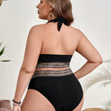 Swim Curve Conjunto De Traje De Bano Con Parches De Estampado De Leopardo Para Mujeres De Talla Grande, Festival De Musica