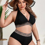 Swim Curve Conjunto De Traje De Bano Con Parches De Estampado De Leopardo Para Mujeres De Talla Grande, Festival De Musica