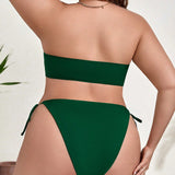 Swim Curve Conjunto de bikini bando solido para mujer de talla grande con pliegues, ideal para festivales de musica