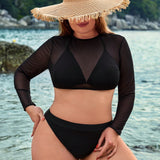 Swim Basics Conjunto De Bikini De Talla Grande De Color Solido Con Parte Superior De Malla Para Cubrir