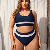 Swim Curve Bikini Estilo Chaleco De Talla Grande Para Mujer Con Bloque De Color