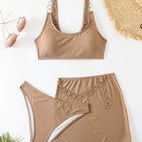 Ribbed Knit Bikini Set With Ring Decoration And Swim Skirt Music Festival