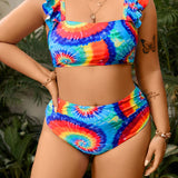 Swim Curve Conjunto De Traje De Bano De Tirantes Con Volantes De Tinte Anudado Para Mujeres De Talla Grande, Carnaval