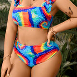 Swim Curve Conjunto De Traje De Bano De Tirantes Con Volantes De Tinte Anudado Para Mujeres De Talla Grande, Carnaval