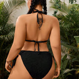 Swim Curve Conjunto De Traje De Bano De Bikini Con Parte Inferior De Triangulo Anudado Y Top Con Cuello Halter De Color Solido De Talla Grande