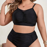 Swim Curve Conjunto De Traje De Bano Fruncido De Cintura Alta Para Mujer Talla Grande Carnival