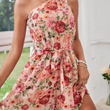 VCAY Vacation One Shoulder Floral Print Romper
