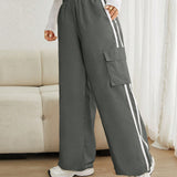 EZwear Pantalones De Carga Con Contraste Tejido Gris Y Laterales Para Mujer