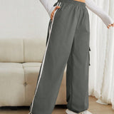 EZwear Pantalones De Carga Con Contraste Tejido Gris Y Laterales Para Mujer