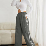 EZwear Pantalones De Carga Con Contraste Tejido Gris Y Laterales Para Mujer