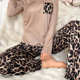 Conjunto De Pijama De Mangas Largas Y Pantalones Con Estampado De Leopardo Para Mujer