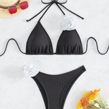 Swim Conjunto De Bikini De Punto Acanalado De Bloque De Color Con Decoracion De Flores 3d