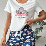 Conjunto De Pijama Con CamiConjuntoa De Manga Corta Y Pantalones Cortos Con Estampado De Koala Dormido