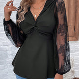 LUNE Blusa Con Cuello En V, Detalles De Lentejuelas Giratorias Y Encaje En Mangas De Linterna