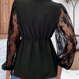 LUNE Blusa Con Cuello En V, Detalles De Lentejuelas Giratorias Y Encaje En Mangas De Linterna