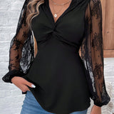 LUNE Blusa Con Cuello En V, Detalles De Lentejuelas Giratorias Y Encaje En Mangas De Linterna