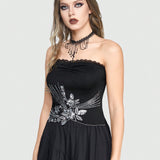 ROMWE Goth Top Sin Tirantes Con Aplique Floral De Encaje, Pliegues Y Detalles Con Cuentas