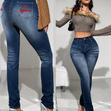 ICON Jeans De Pierna Recta, Ajustados, Elasticos, De Talle Bajo Y Elasticos En Azul Y2k Con Bordado De Letras Para Uso Informal