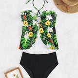 Swim Vcay Conjunto de tankini para mujer con estampado tropical, top con tirantes cruzados y braguita triangular