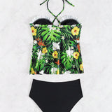 Swim Vcay Conjunto de tankini para mujer con estampado tropical, top con tirantes cruzados y braguita triangular